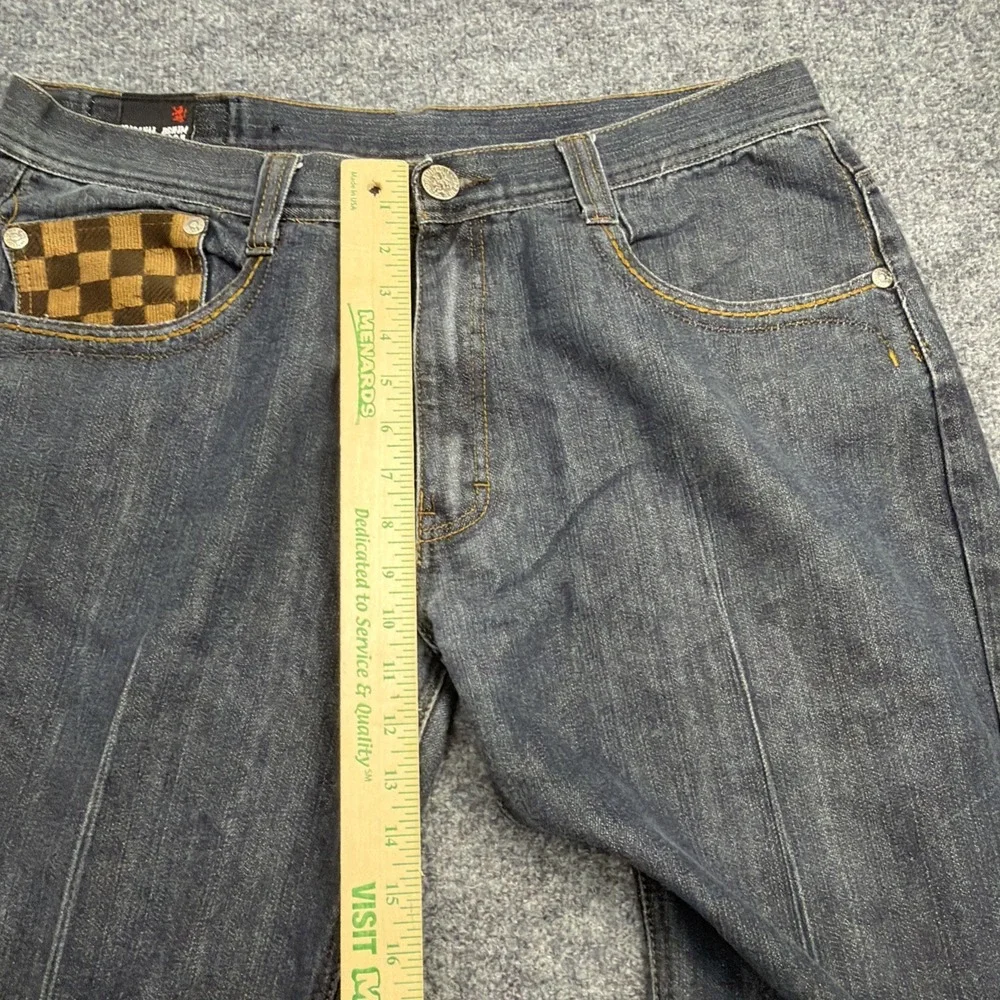 Vtg Y2K Imperious Delf Trading Men Grey Jeans 38x32 Checkerboard Flap Rhinestone